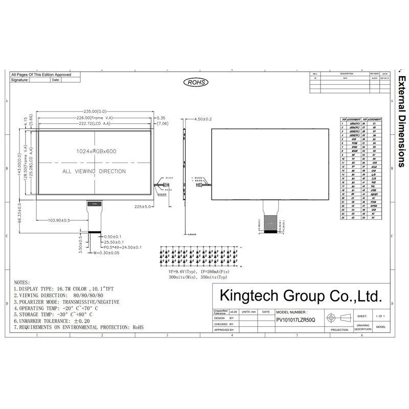 10.1-PV101017LZR50Q-C Mechanical Drawing