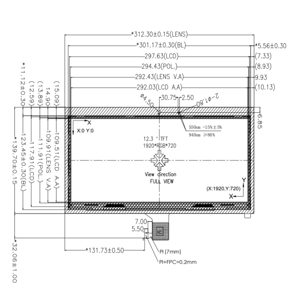 12.3 inch 1920*720 TFT module display