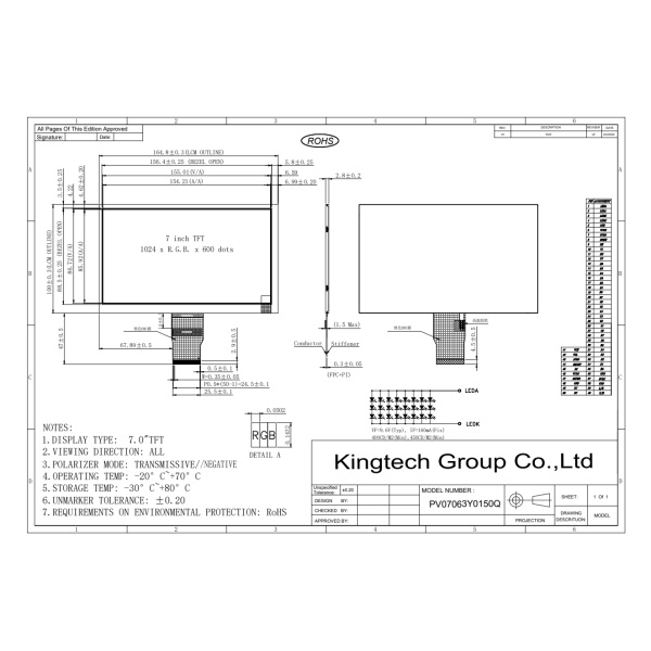 7" 450nits 1024x600 TFT LCD display module
