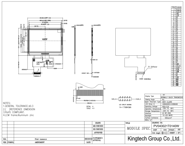 KINGTECH 4.3 inch TFT LCD Display Module