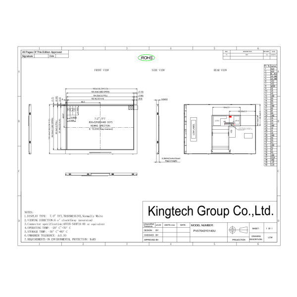 Kingtech 7inch WVGA TN LCD display module