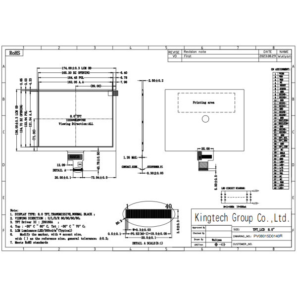 Kingtech 8.0 inch LCD module IPS TFT LCD