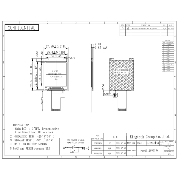 Kingtech 1.3inch 128x128 resolution TFT LCD display