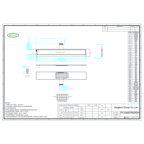 Kingtech 10.4 inch 1024*100 bar type TFT display